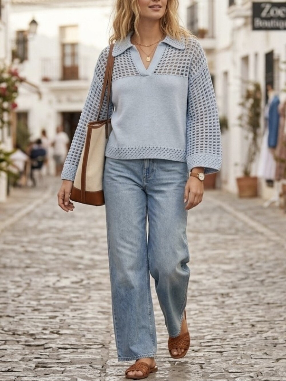 Rachel Zoe Collared V-Neck Open Weave Crochet Knit Sweater.